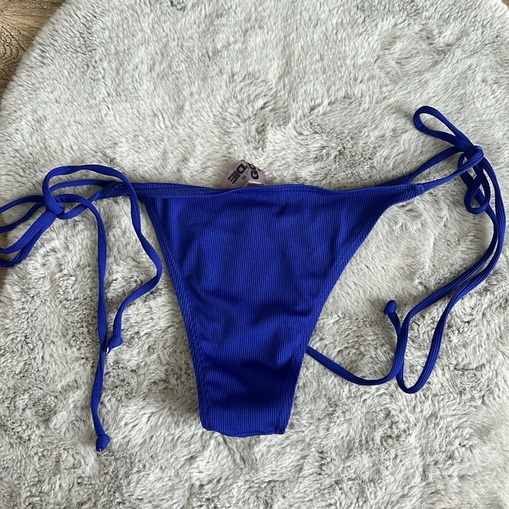 Goldie Ribbed String Blue Bikini Bottom S - Picture 3 of 3